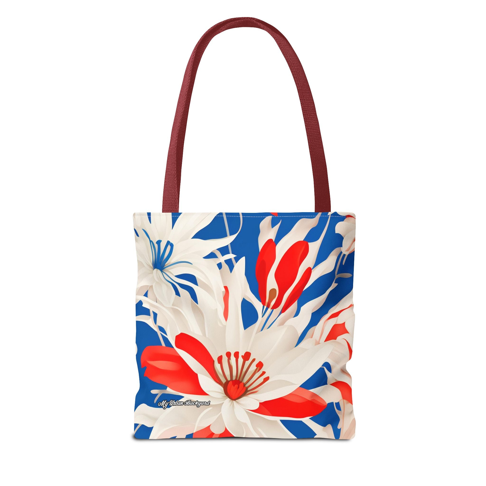 Red White & Blue Flowers Tote Bag with Cotton Handles For Everyday Use, 3 Sizes