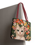 White Cat with Flowers Tote Bag with Cotton Handles For Everyday Use, 3 Sizes
