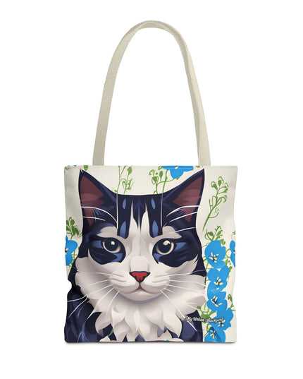 Cat and Blue Flowers Tote Bag with Cotton Handles For Everyday Use, 3 Sizes