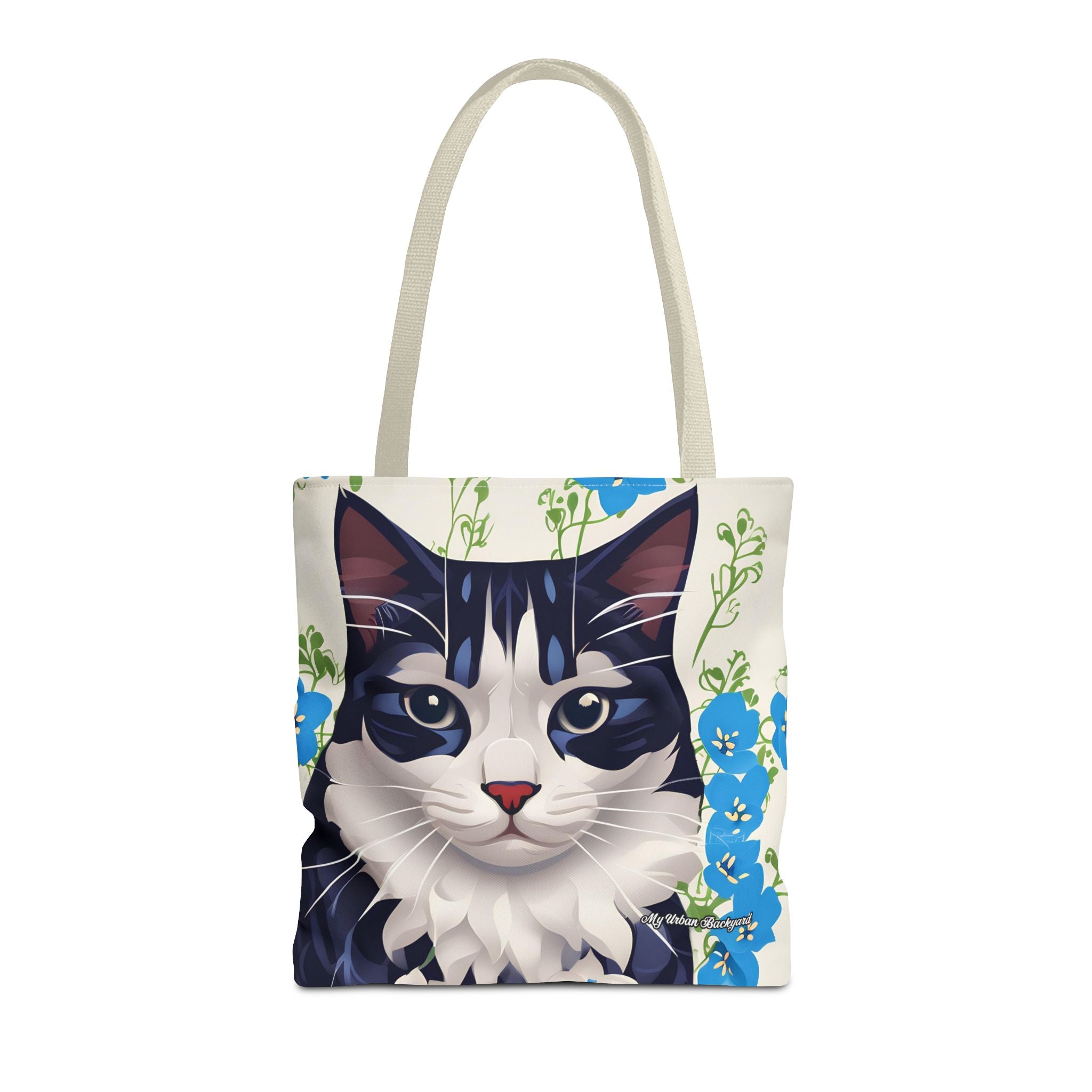 Cat and Blue Flowers Tote Bag with Cotton Handles For Everyday Use, 3 Sizes