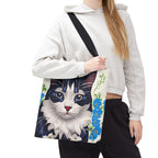 Cat and Blue Flowers Tote Bag with Cotton Handles For Everyday Use, 3 Sizes
