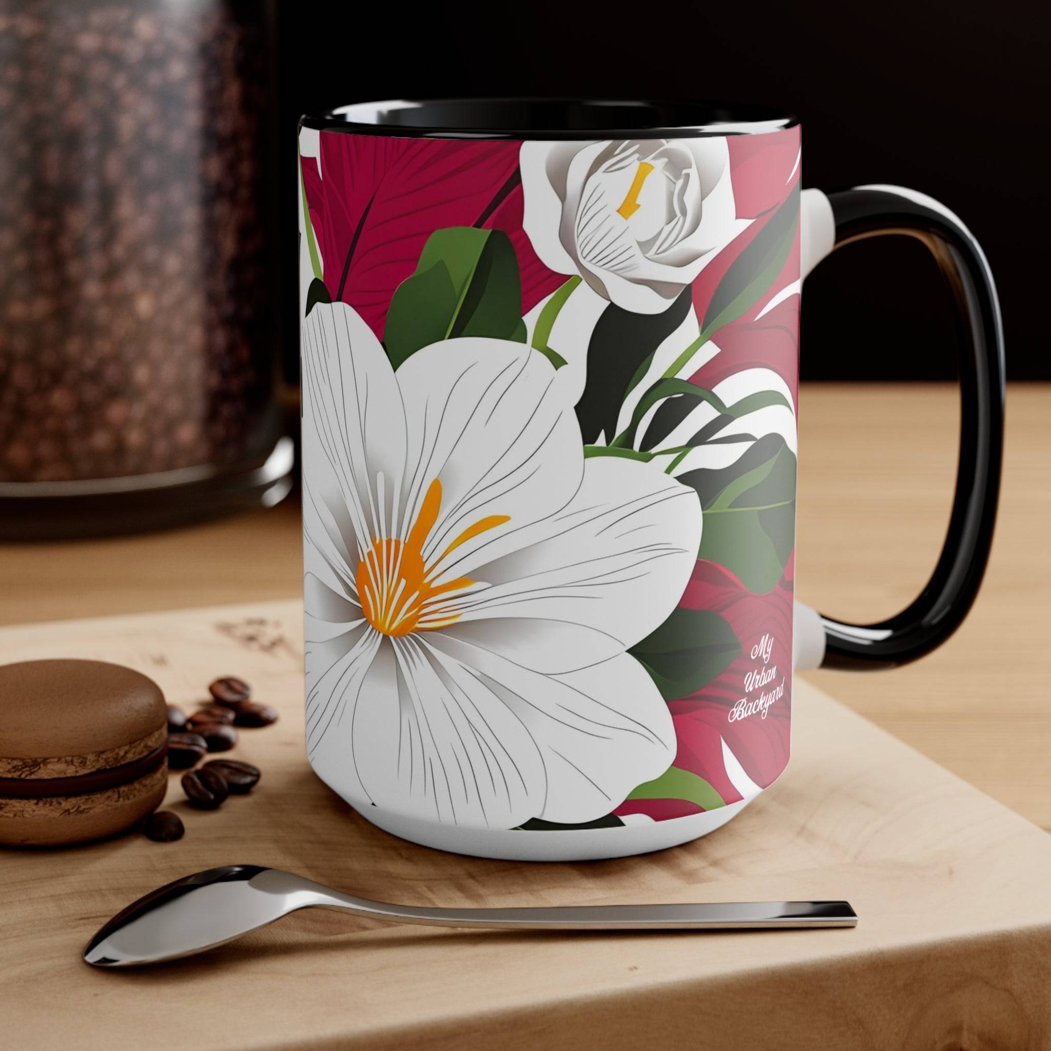 Ceramic Mug for Coffee, Tea, Hot Cocoa. Home/Office, White Flowers on Red