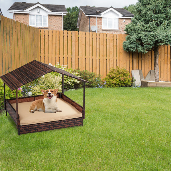 The Rattan Dog House Outdoor With Canopy, For Small And Medium-sized Dogs and Cats, Brown