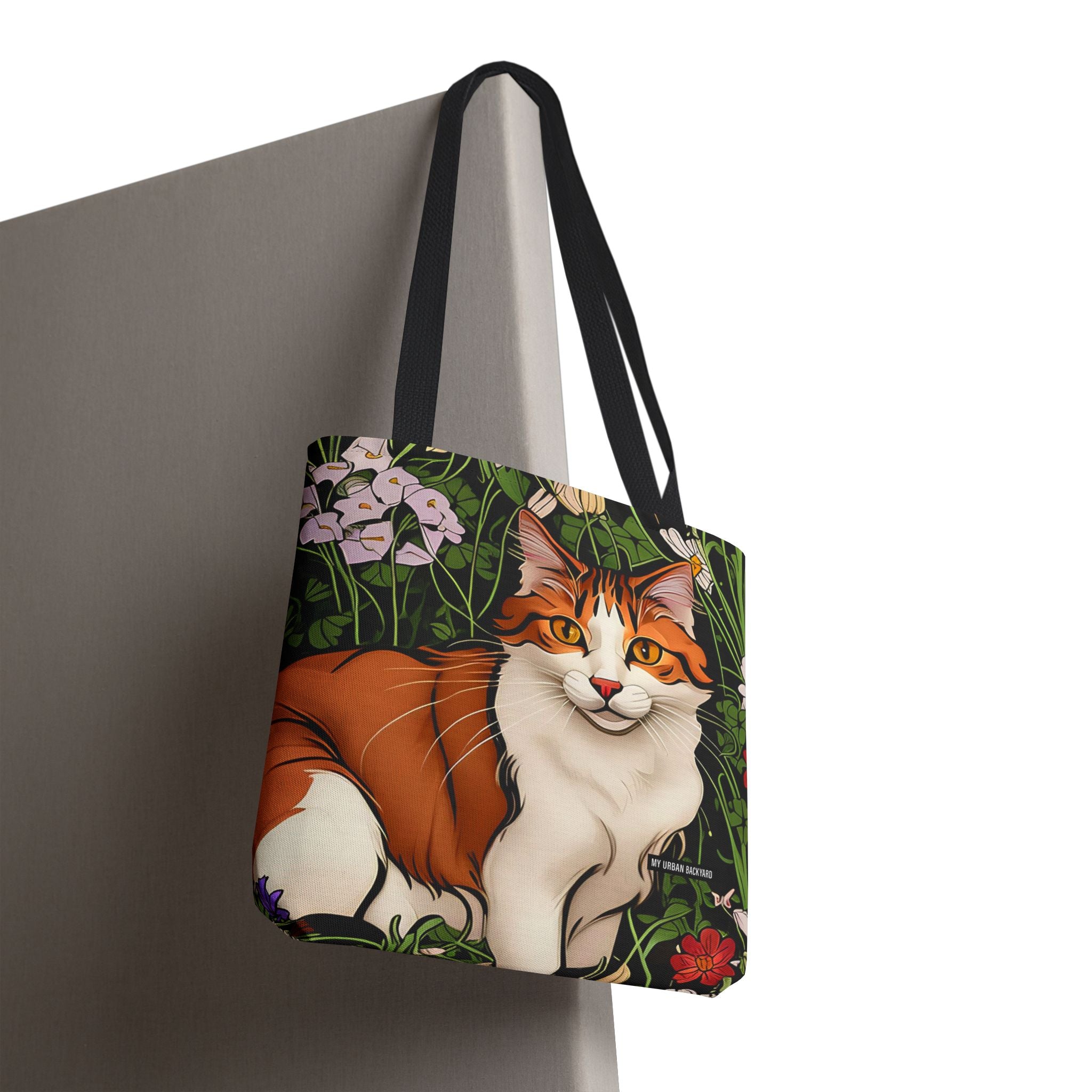 Orange Cat with Flowers, Tote Bag w Cotton Handles