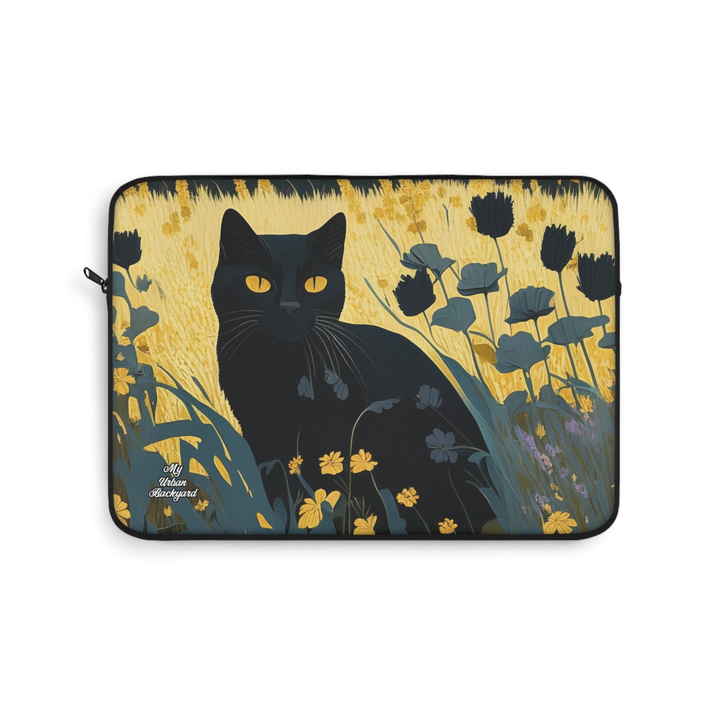 Black Cat with Black Flowers, Laptop Carrying Case, Top Loading Sleeve for School or Work