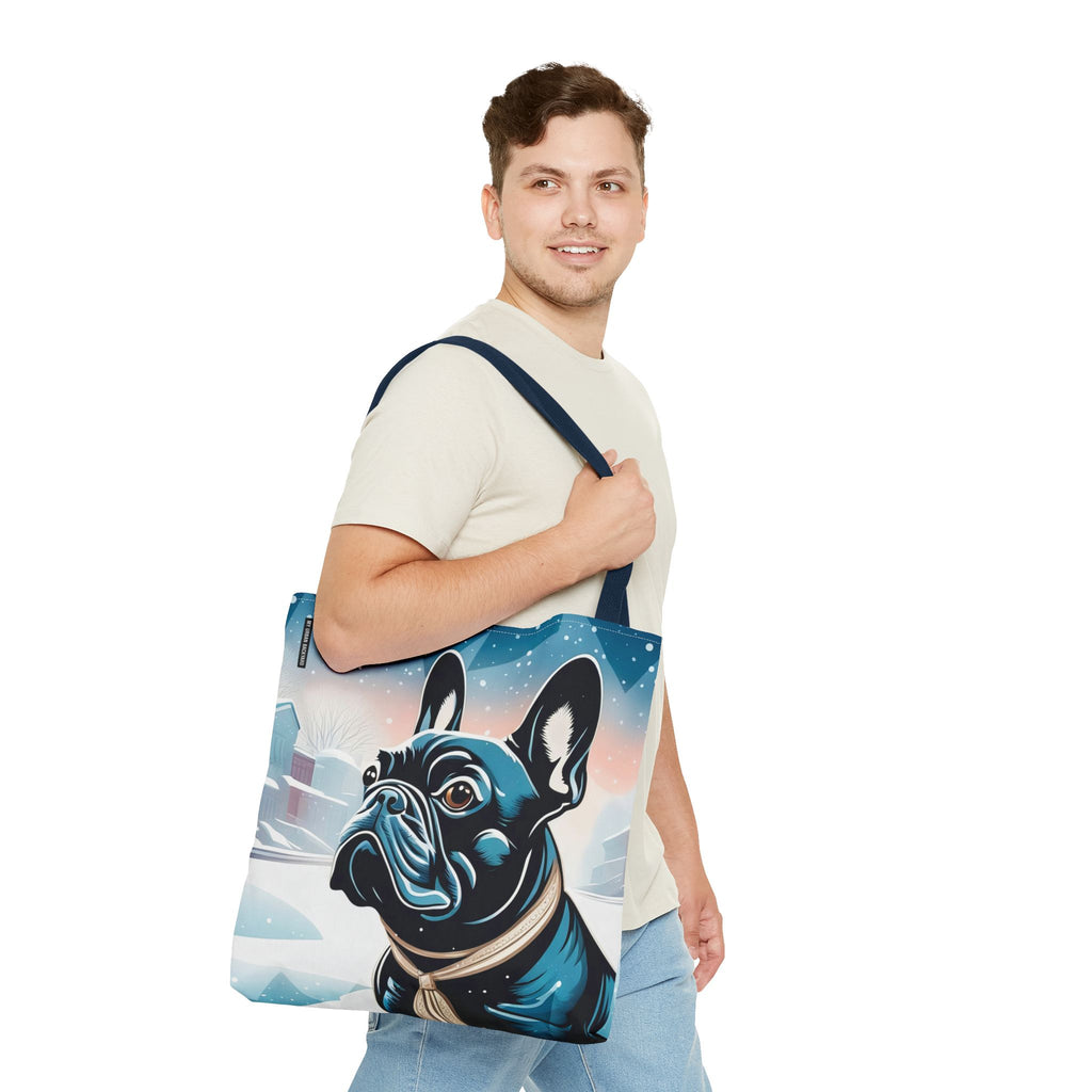 French Bulldog Winter Tote Bag — Snowy Pup All-Over Print Tote
