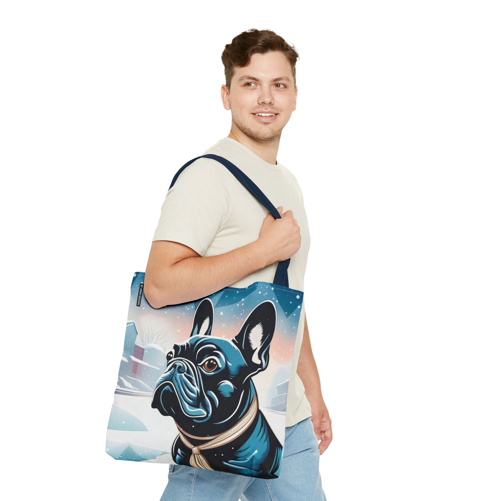 French Bulldog Winter Tote Bag — Snowy Pup All-Over Print Tote