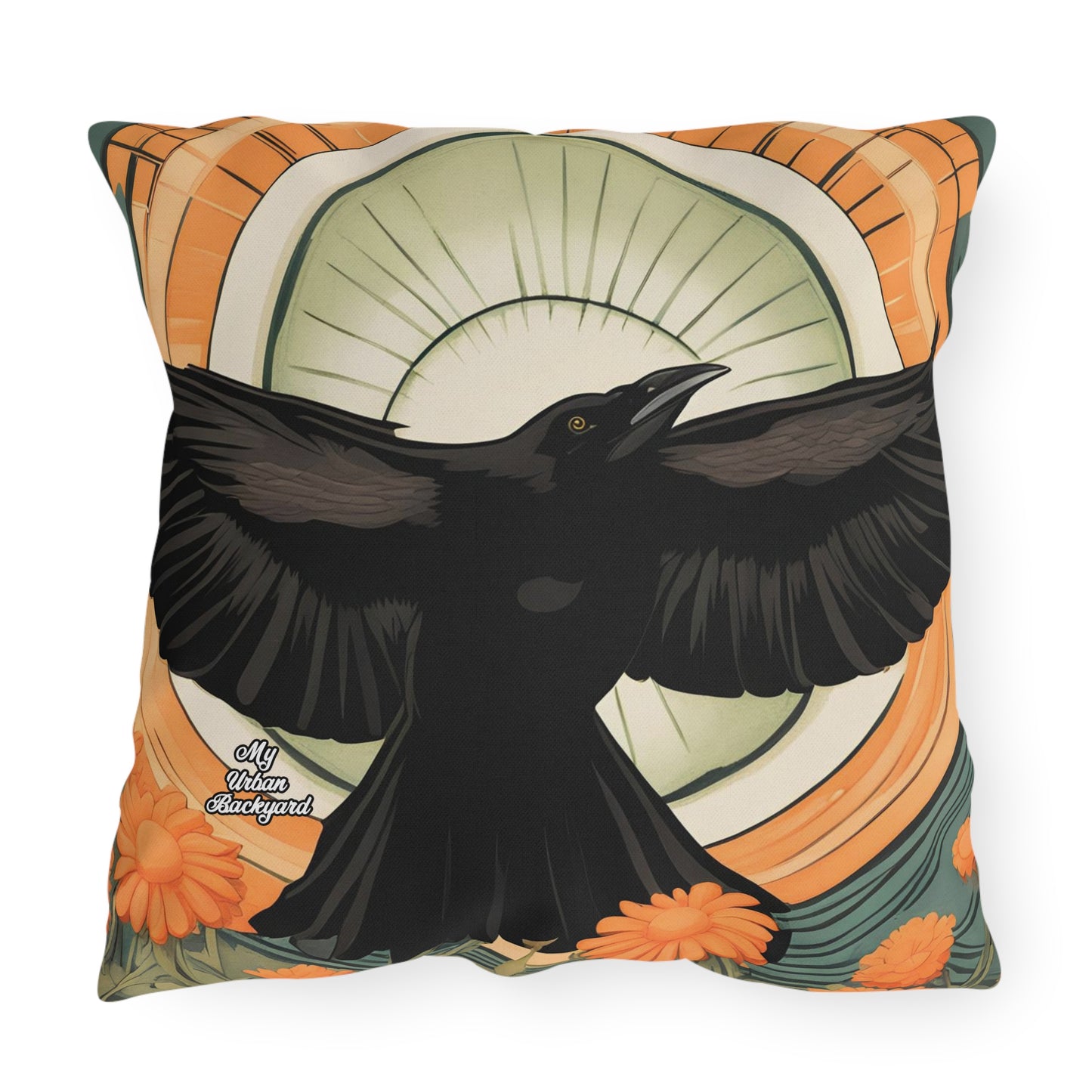 Flying Crow, Terracotta accent color, Throw Pillow, Indoor/Outdoor Decor for Home or Office