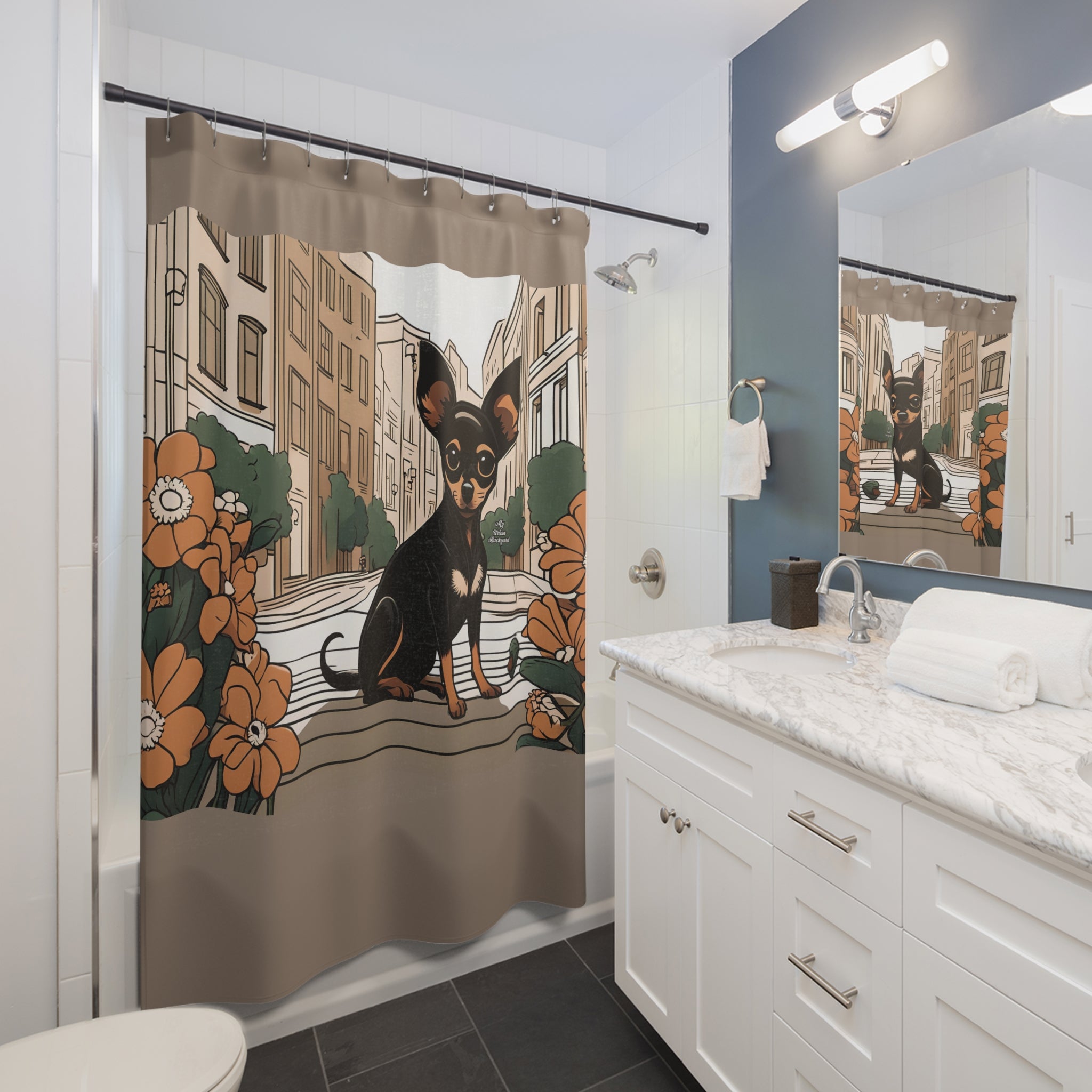 Taupe Shower Curtain with Ricky Barkley, Urban Dog Graphic - 71" x 74"