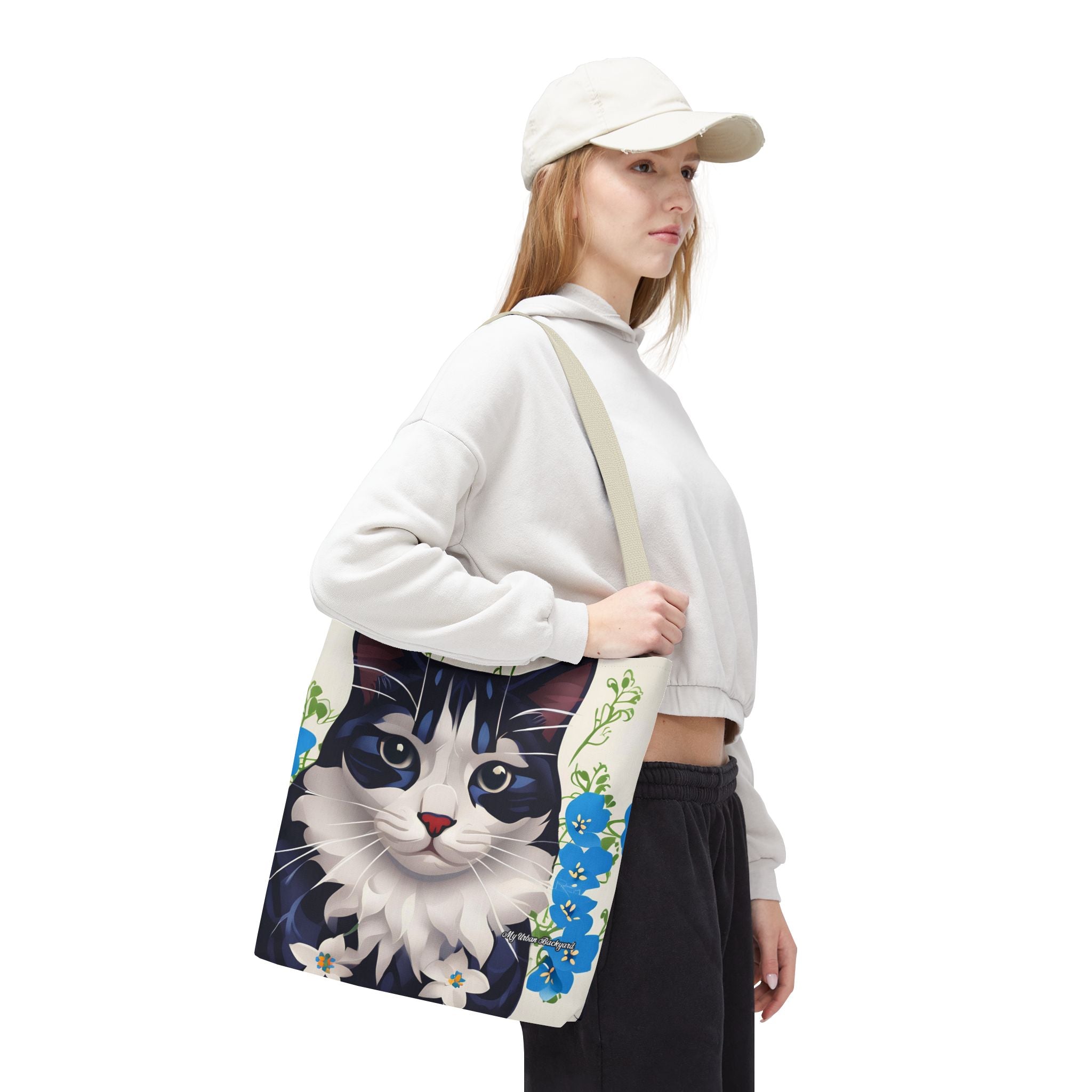 Cat and Blue Flowers Tote Bag with Cotton Handles For Everyday Use, 3 Sizes