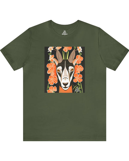 Goat with Orange Flowers, Soft 100% Jersey Cotton T-Shirt, Unisex, Short Sleeve, Retail Fit