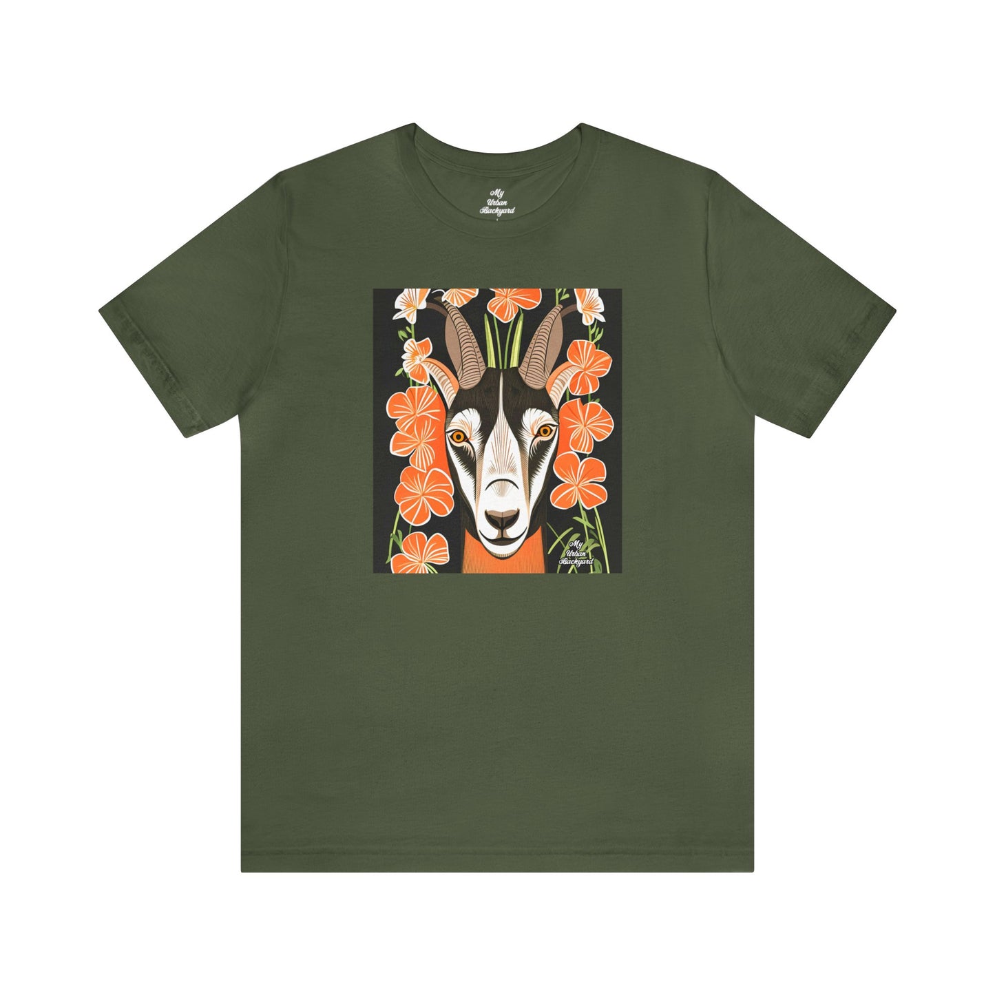 Goat with Orange Flowers, Soft 100% Jersey Cotton T-Shirt, Unisex, Short Sleeve, Retail Fit