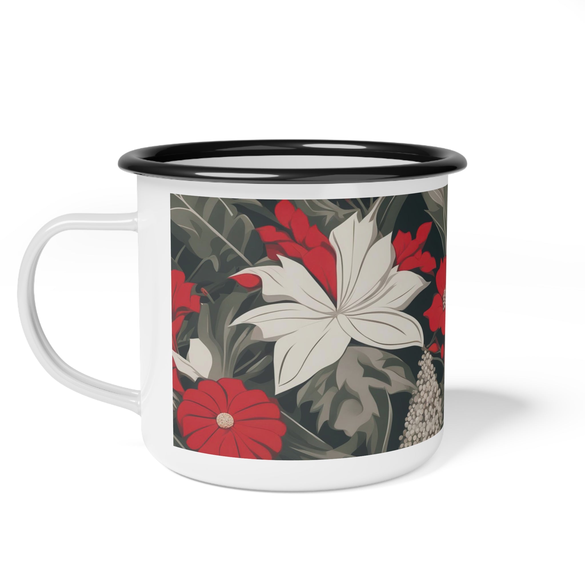 Red & White Flowers, Enamel Camping Mug