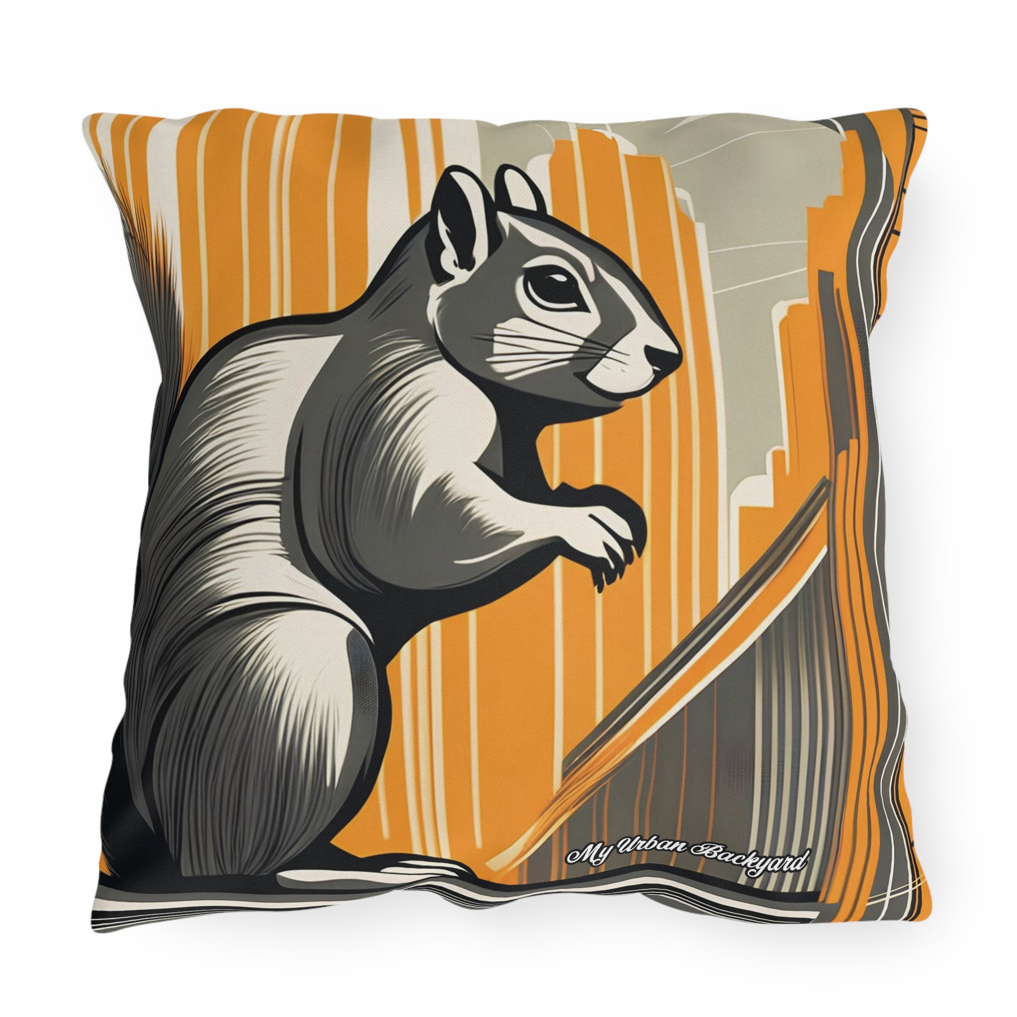 Art Deco Squirrel, Black accent color, Throw Pillow, Indoor/Outdoor Decor for Home or Office