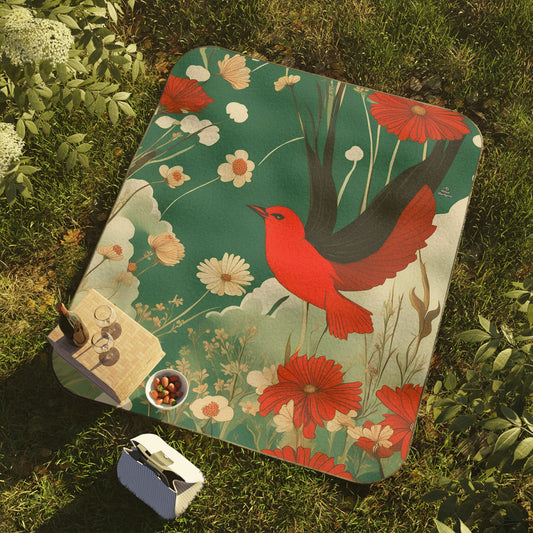 Red Bird, Cozy Outdoor Picnic Blanket, Water-Resistant Bottom, 51" × 61"