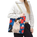 Cat with Red and White Flowers, Tote Bag with Cotton Handles For Everyday Use, 3 Sizes