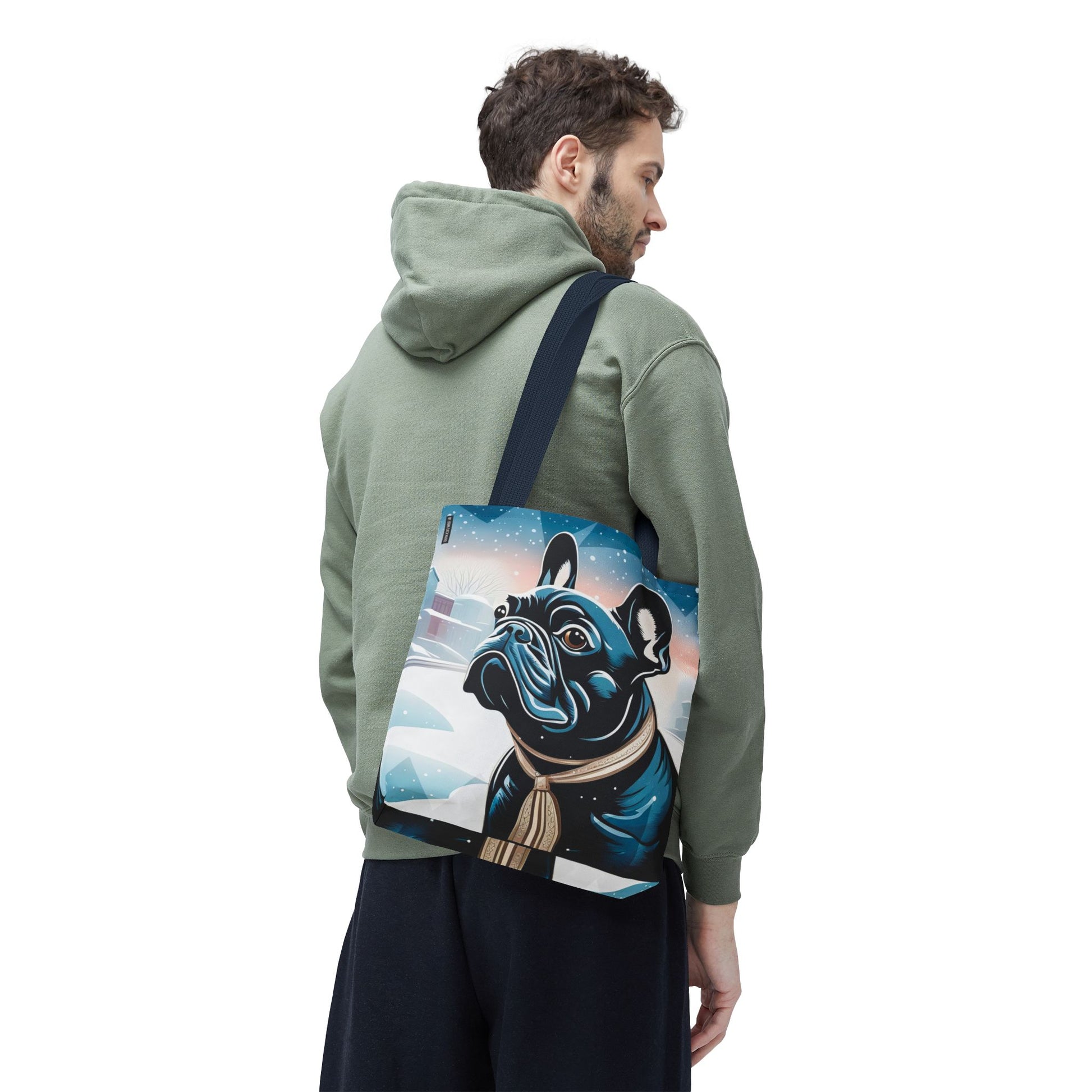 French Bulldog Winter Tote Bag — Snowy Pup All-Over Print Tote