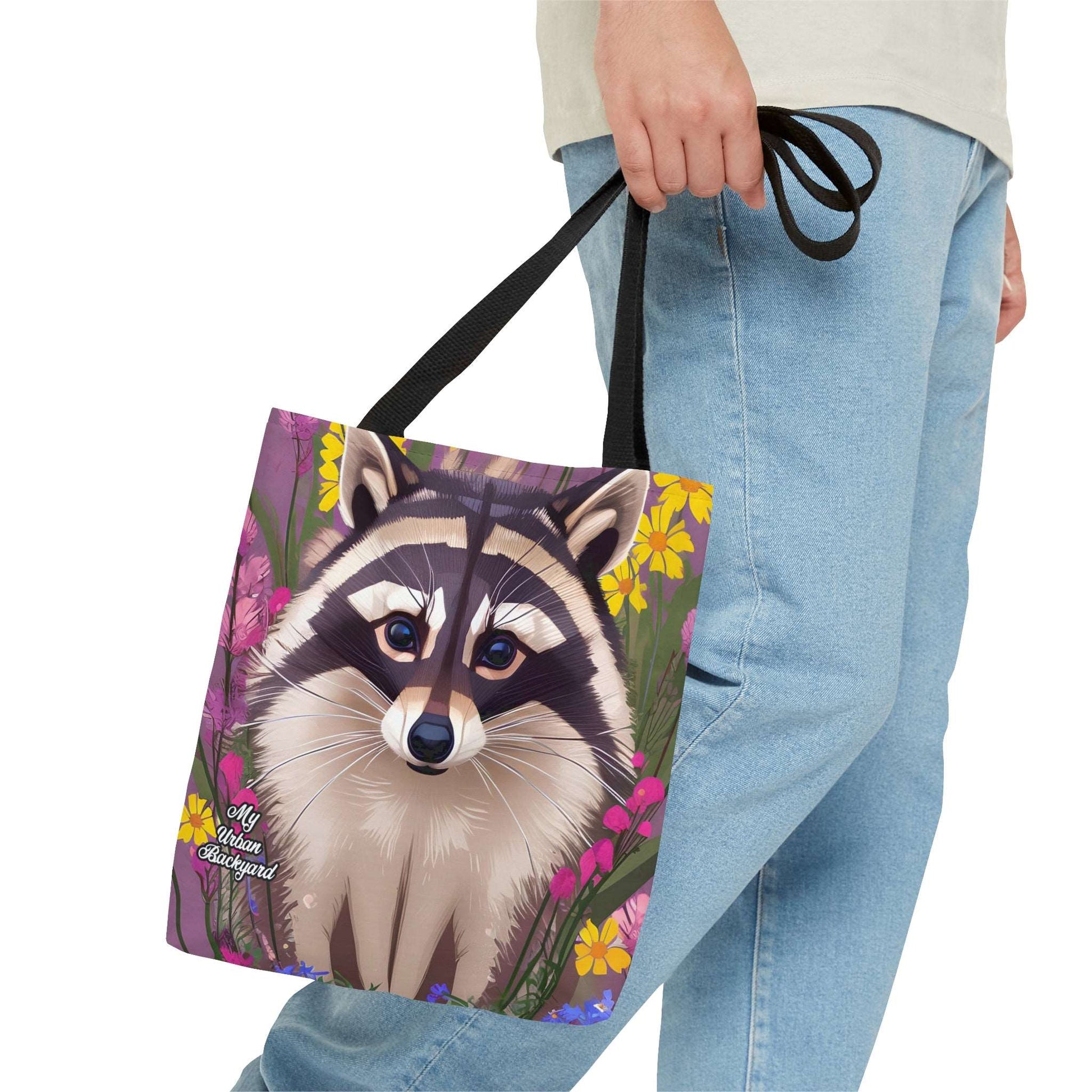 Everyday Tote Bag w Cotton Handles, Reusable Shoulder Bag, Raccoon and Flower