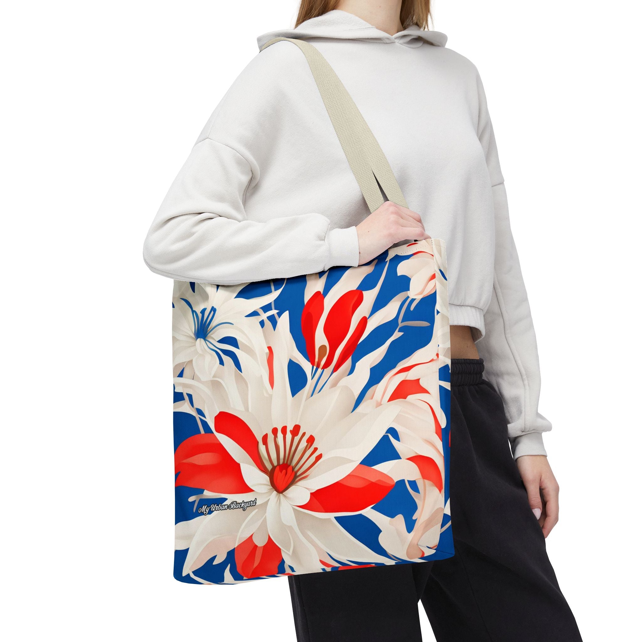 Red White & Blue Flowers Tote Bag with Cotton Handles For Everyday Use, 3 Sizes