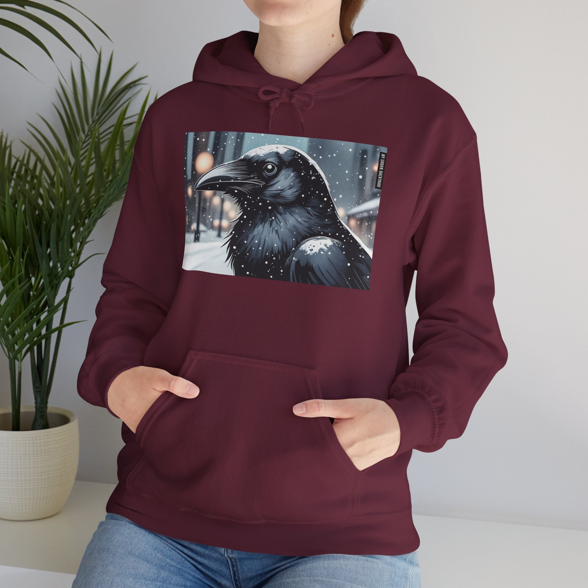 Urban Crow In Falling Snow Hoodie — Comfy Winter Graphic Hoodie