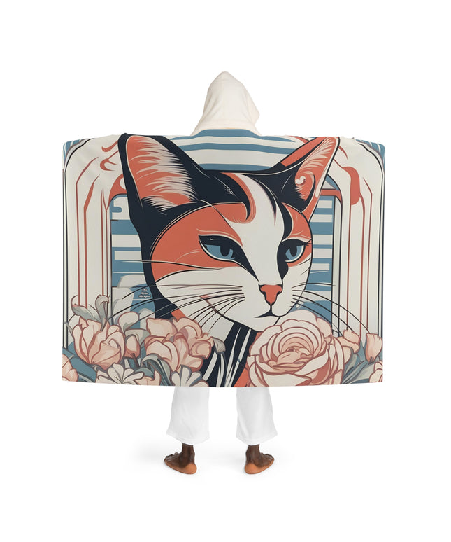 Art Deco Cat with Flowers, Cozy Hooded Sherpa Fleece Blanket