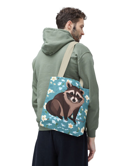 Young Raccoon w Flowers Tote Bag with Cotton Handles For Everyday Use, 3 Sizes