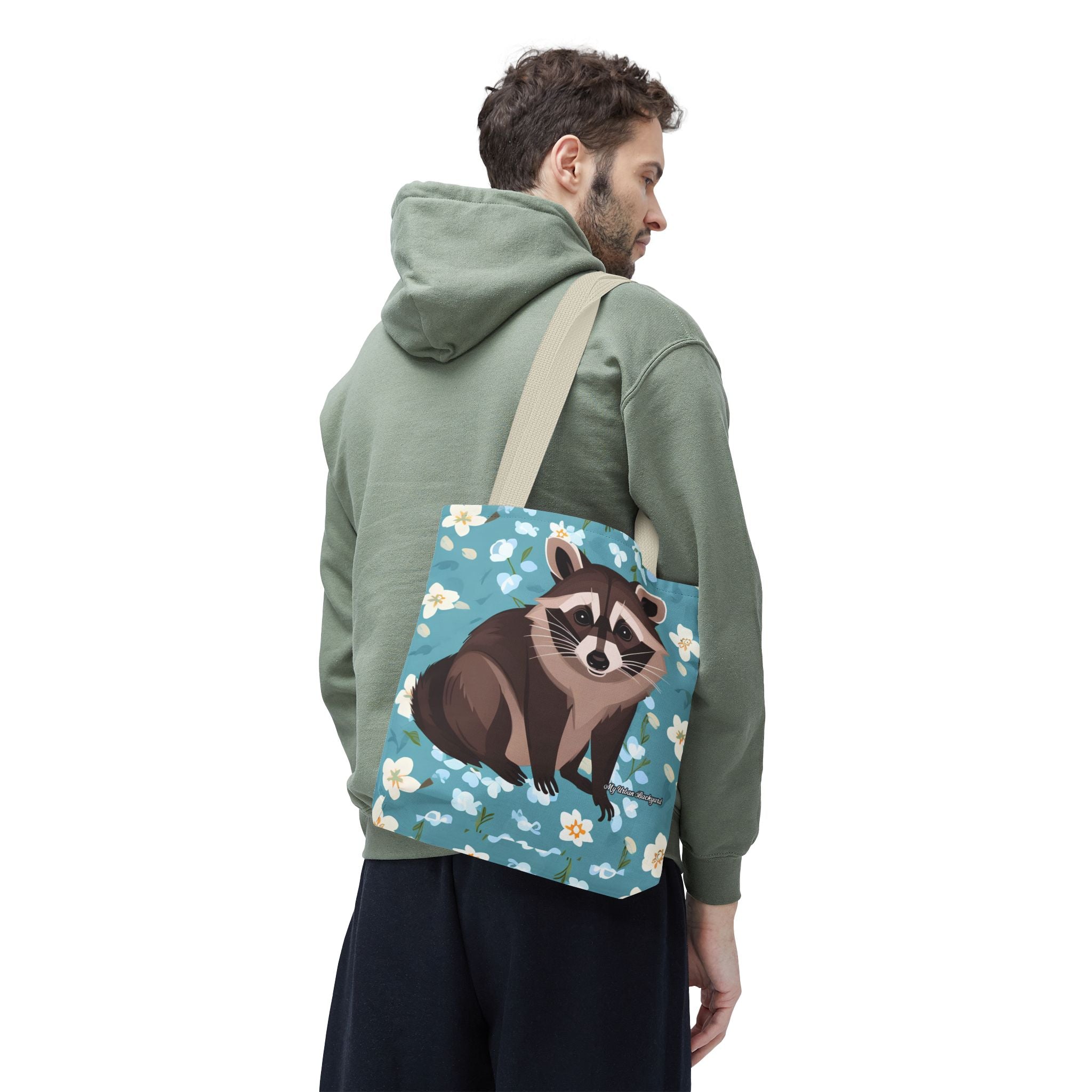 Young Raccoon w Flowers Tote Bag with Cotton Handles For Everyday Use, 3 Sizes