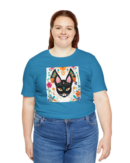 Black Cat w Green Eyes & Flowers, Soft 100% Jersey Cotton T-Shirt, Unisex, Short Sleeve, Retail Fit