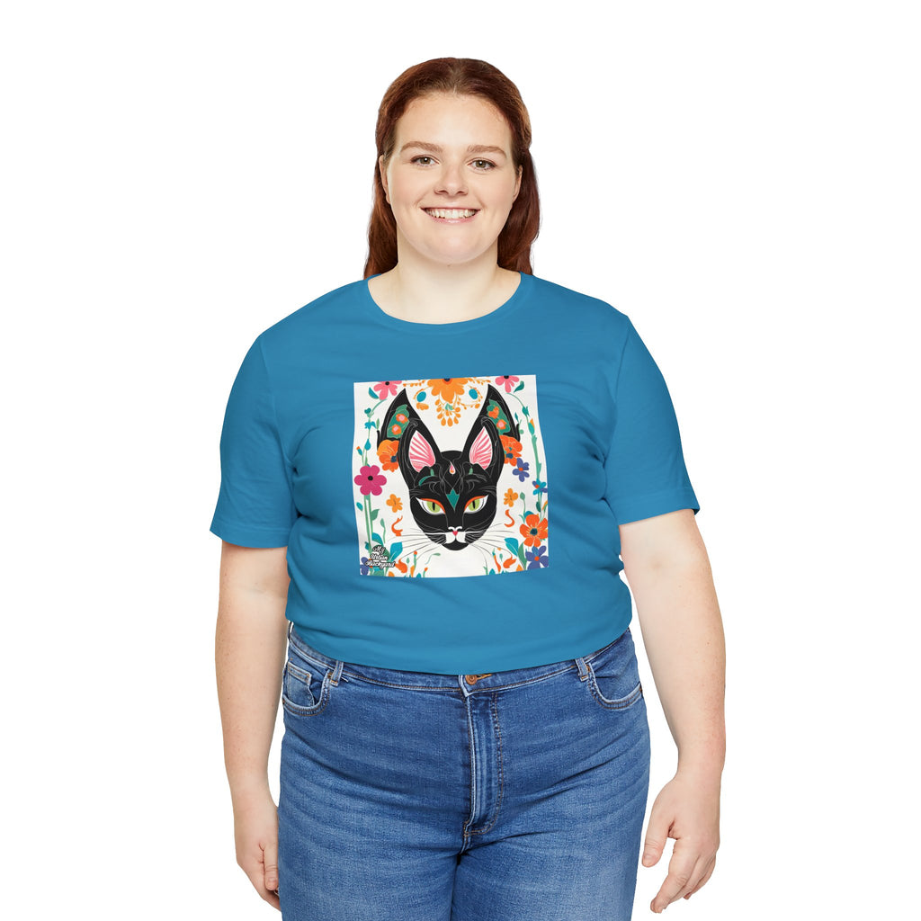 Black Cat w Green Eyes & Flowers, Soft 100% Jersey Cotton T-Shirt, Unisex, Short Sleeve, Retail Fit