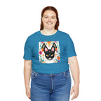 Black Cat w Green Eyes & Flowers, Soft 100% Jersey Cotton T-Shirt, Unisex, Short Sleeve, Retail Fit