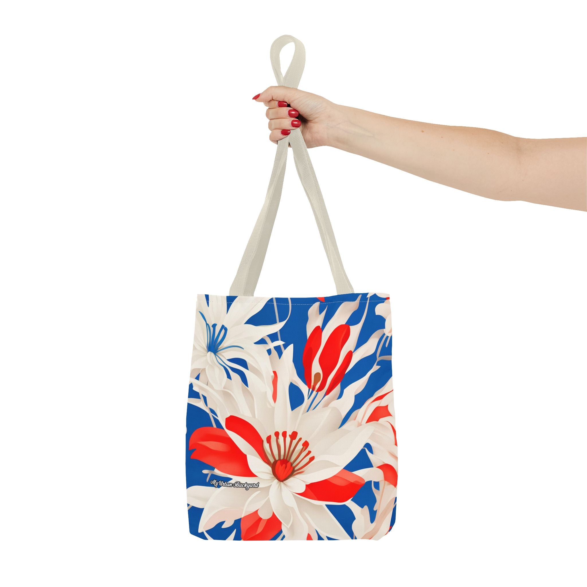 Red White & Blue Flowers Tote Bag with Cotton Handles For Everyday Use, 3 Sizes