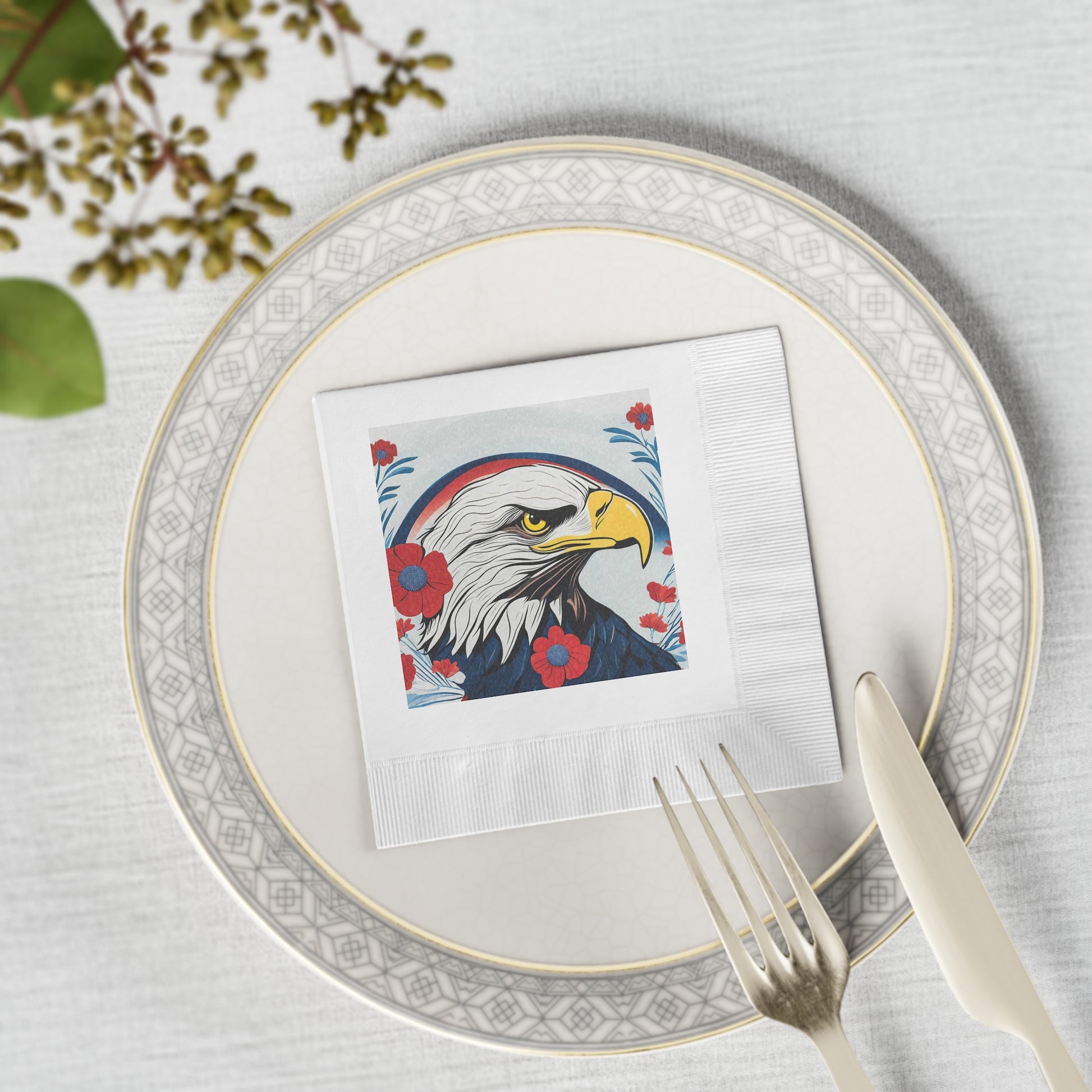 Bald Eagle Floral Cocktail Napkins — Patriotic Bald Eagle Design, 2 sizes, Pack of 50 or 100