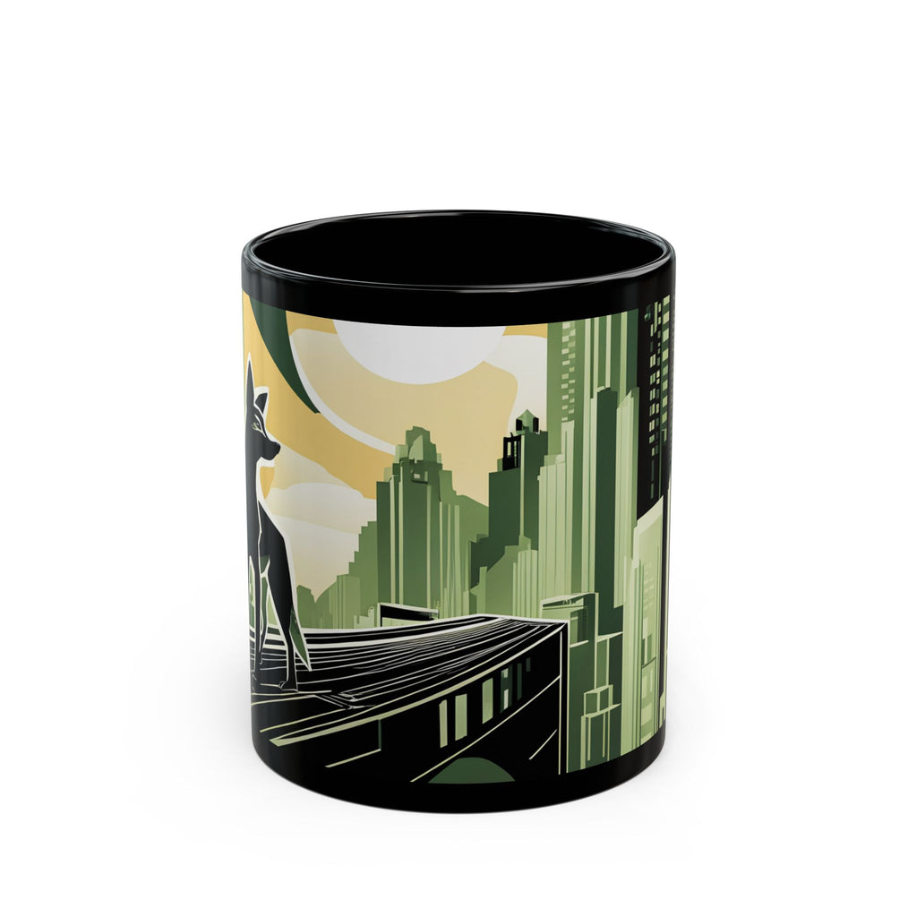 Art Deco Coyote Mug, Unique 11oz/15oz Black Coffee Cup, Retro Home Decor, Gift for Animal Lovers, Vintage Style, Perfect for Any Occasion