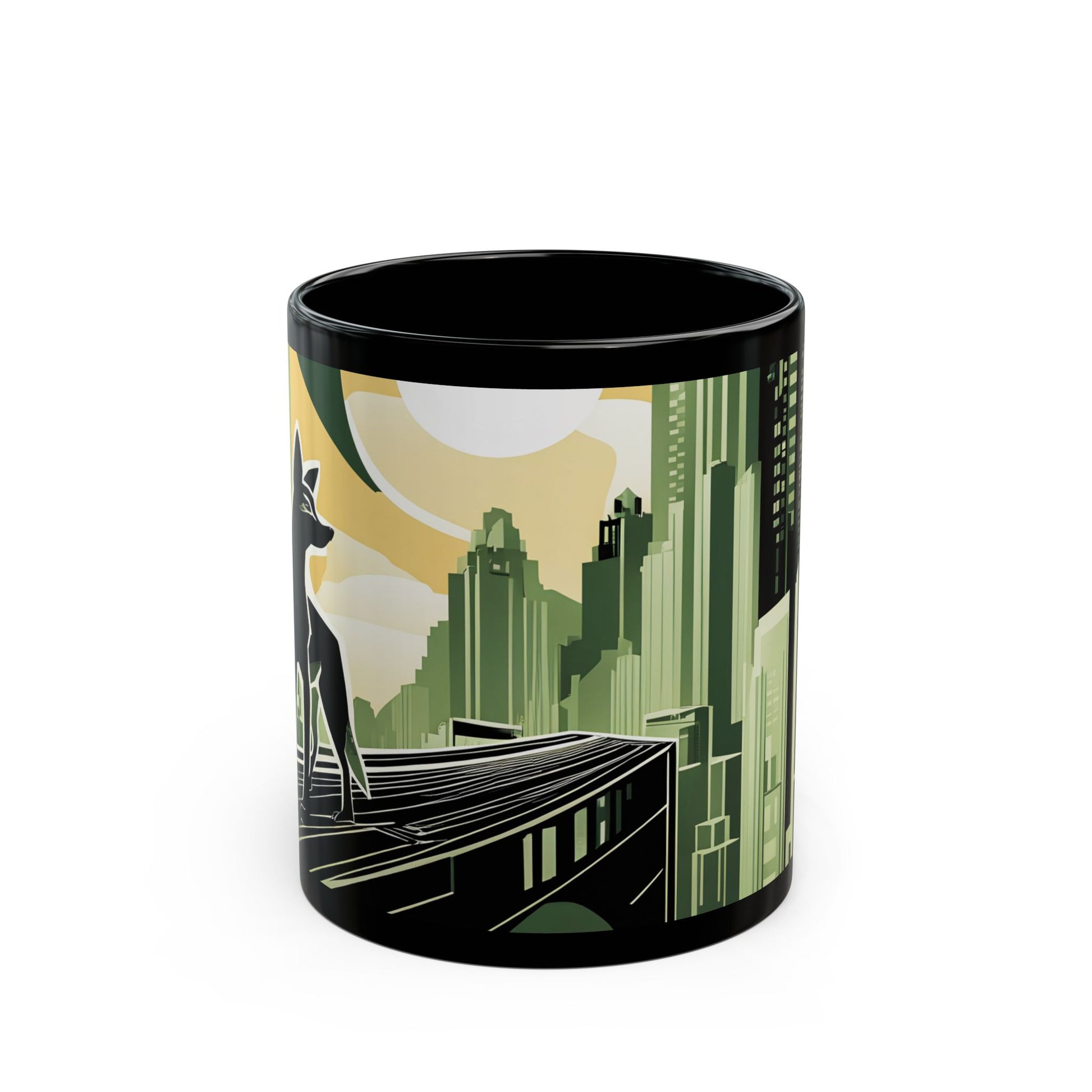 Art Deco Coyote Mug, Unique 11oz/15oz Black Coffee Cup, Retro Home Decor, Gift for Animal Lovers, Vintage Style, Perfect for Any Occasion