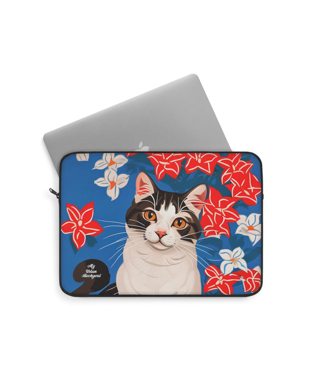 Cat with White & Red Flowers, Laptop Carrying Case, Top Loading Sleeve for School or Work