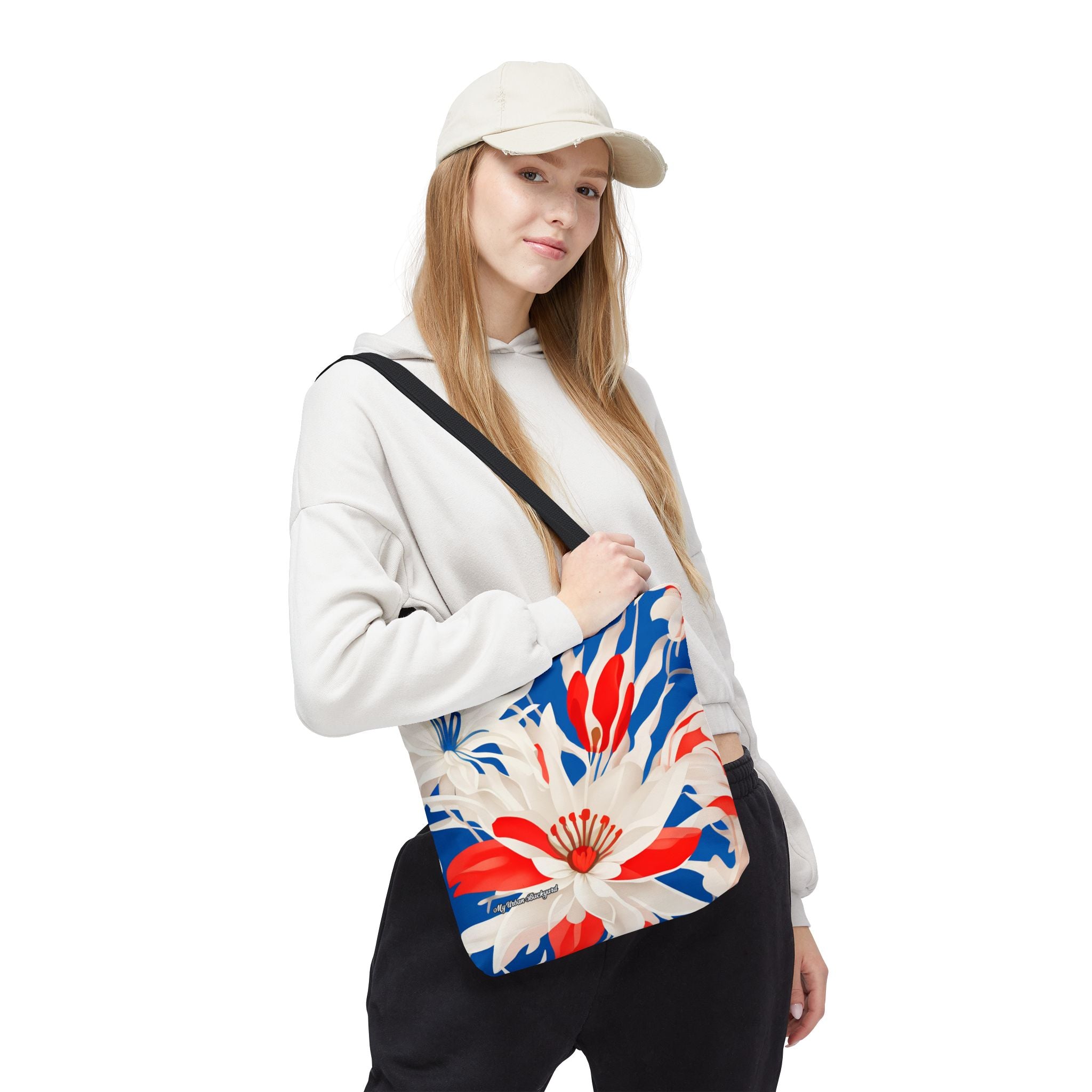 Red White & Blue Flowers Tote Bag with Cotton Handles For Everyday Use, 3 Sizes
