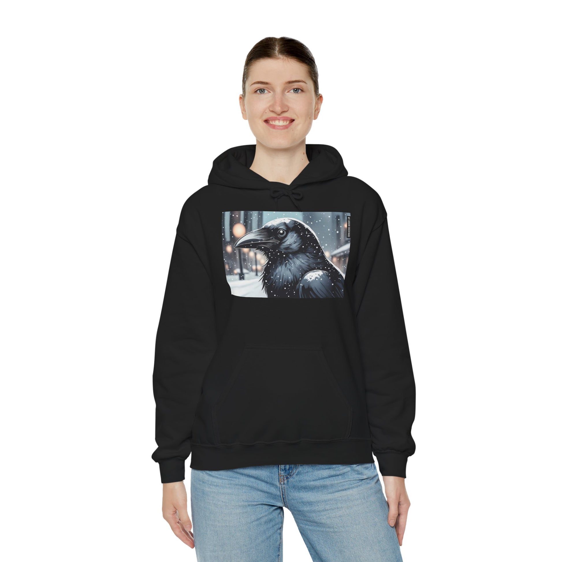 Urban Crow In Falling Snow Hoodie — Comfy Winter Graphic Hoodie
