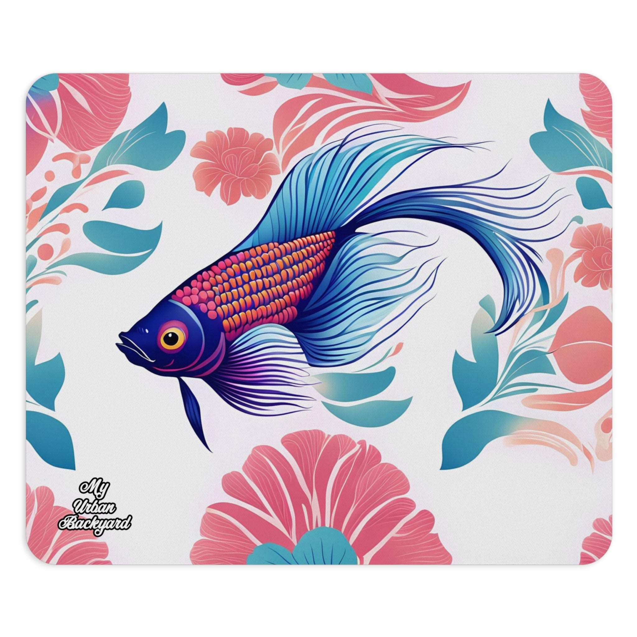 Computer Mouse Pad, Non-slip rubber bottom, Bicolor Betta Fish w Flowers
