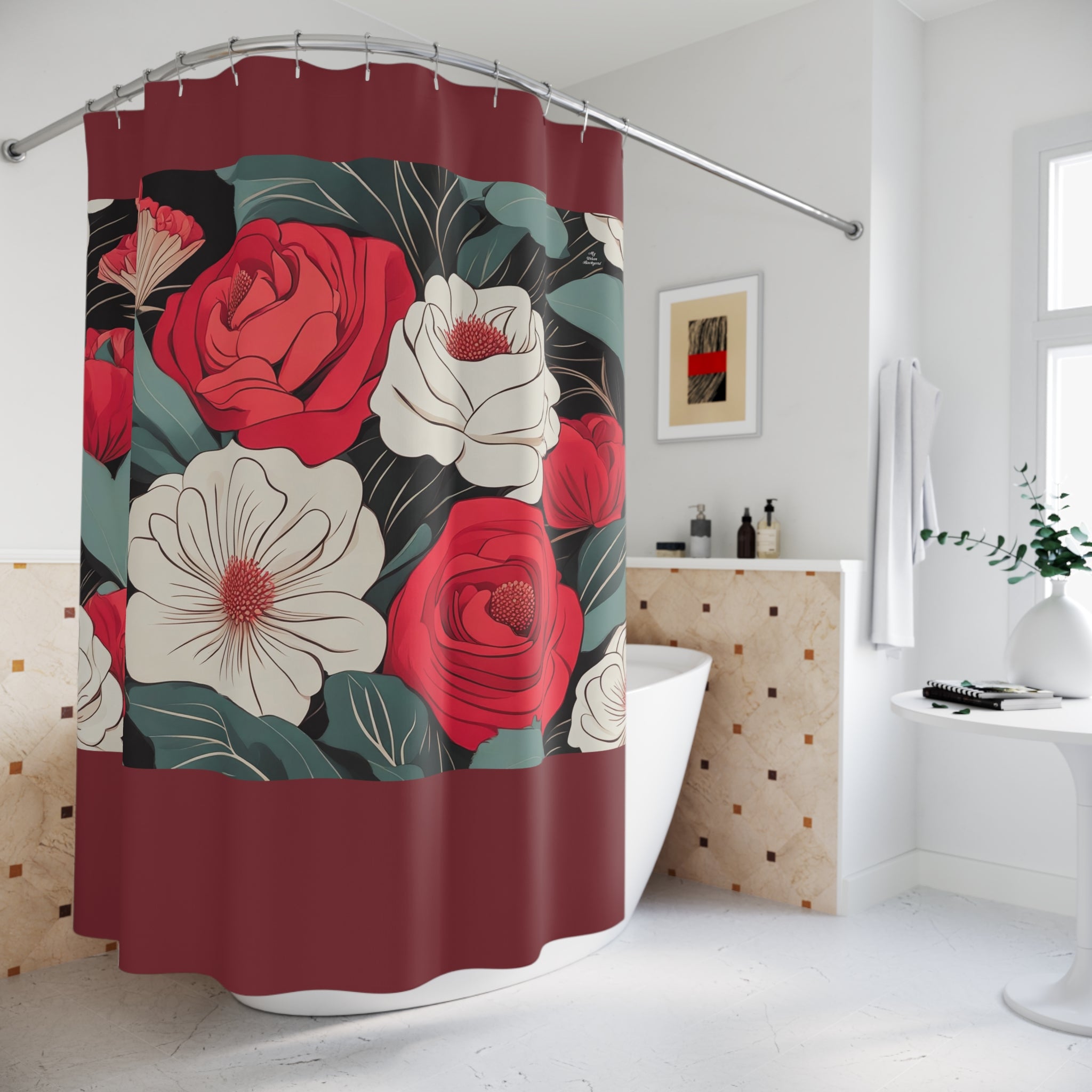Maroon Shower Curtain with Floral Shower Curtain, Gift for Her, Romantic Style - 71" x 74"