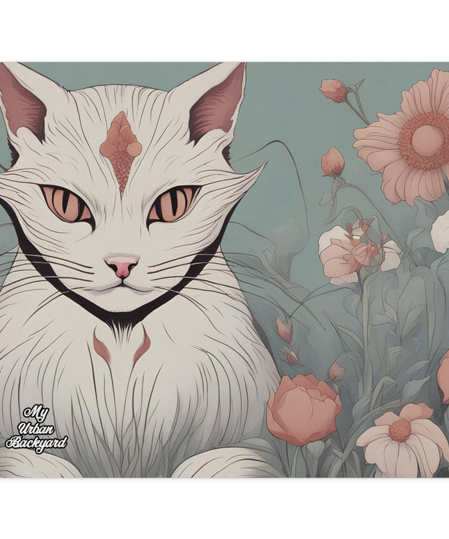 White Cat with Flowers, Computer Mouse Pad - for Home or Office