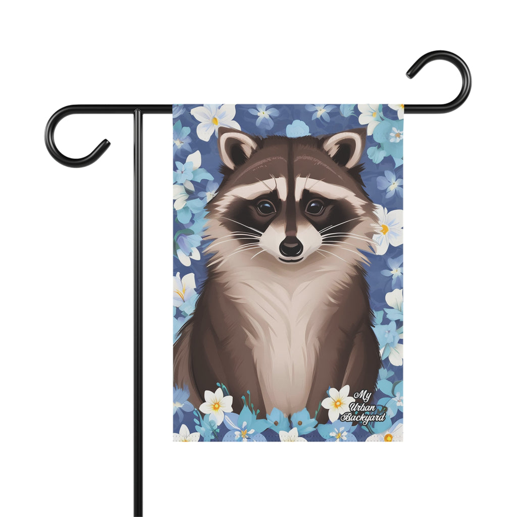 Raccoon in Pale Blue Flowers, Garden Flag for Yard, Patio, Porch, or Work, 12"x18" - Flag only