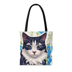 Cat and Blue Flowers, Tote Bag with Cotton Handles