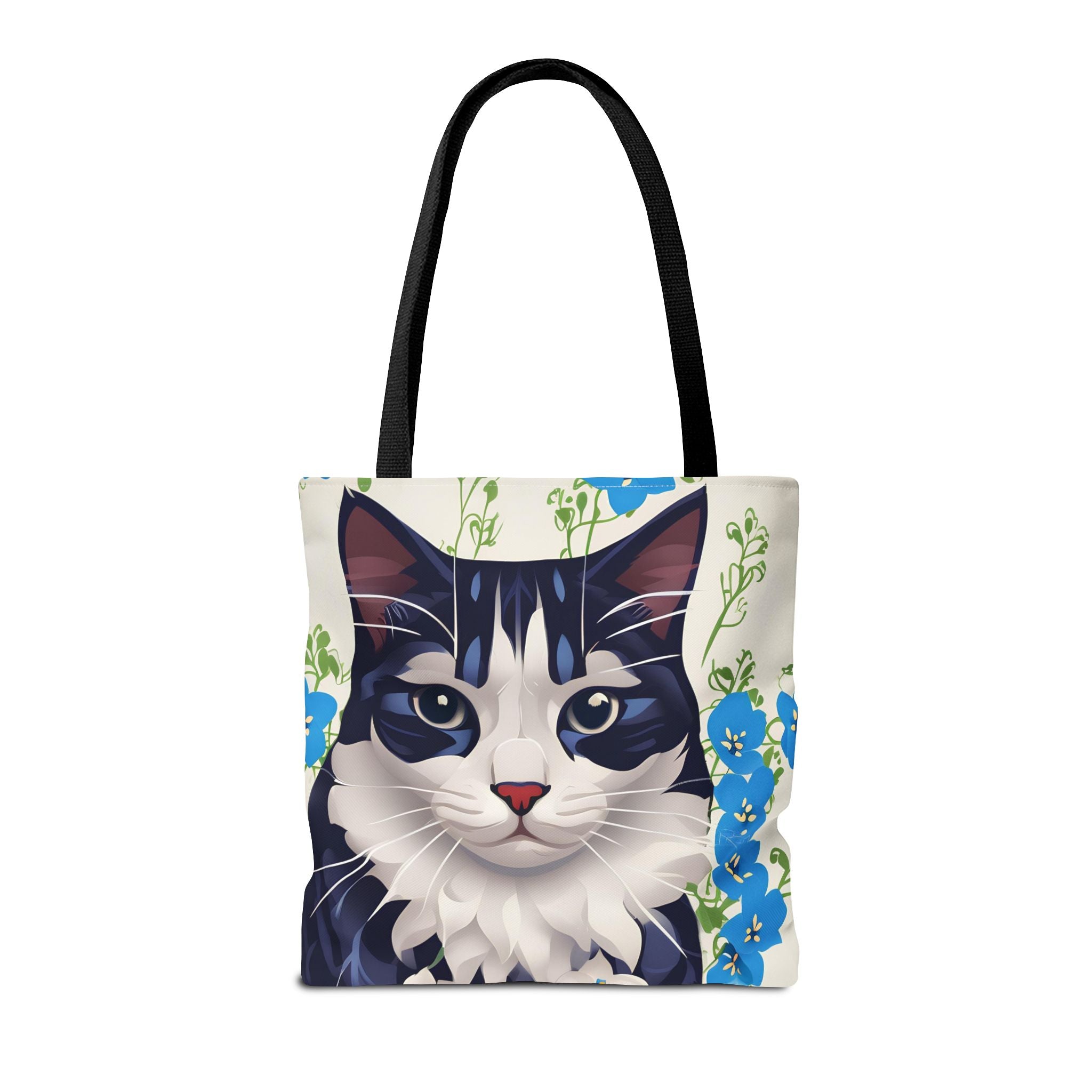 Cat and Blue Flowers, Tote Bag with Cotton Handles