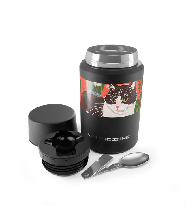 Cat with Wildflowers, Reusable Insulated Food Storage Container with Spoon – 16.9oz