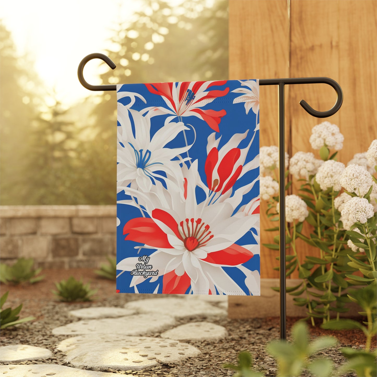 Outdoor Garden Flag for Yard, Patio or Work Decor, Double Sided, Vertical, Flag only - White Red and Blue Flowers