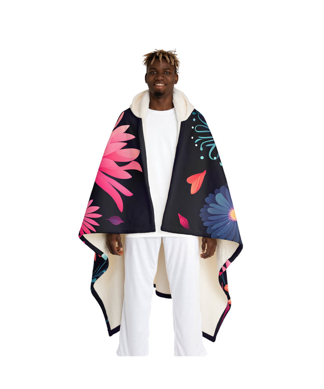 Night Blooming Flowers on Black, Cozy Hooded Sherpa Fleece Blanket