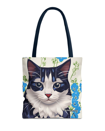 Cat and Blue Flowers Tote Bag with Cotton Handles For Everyday Use, 3 Sizes