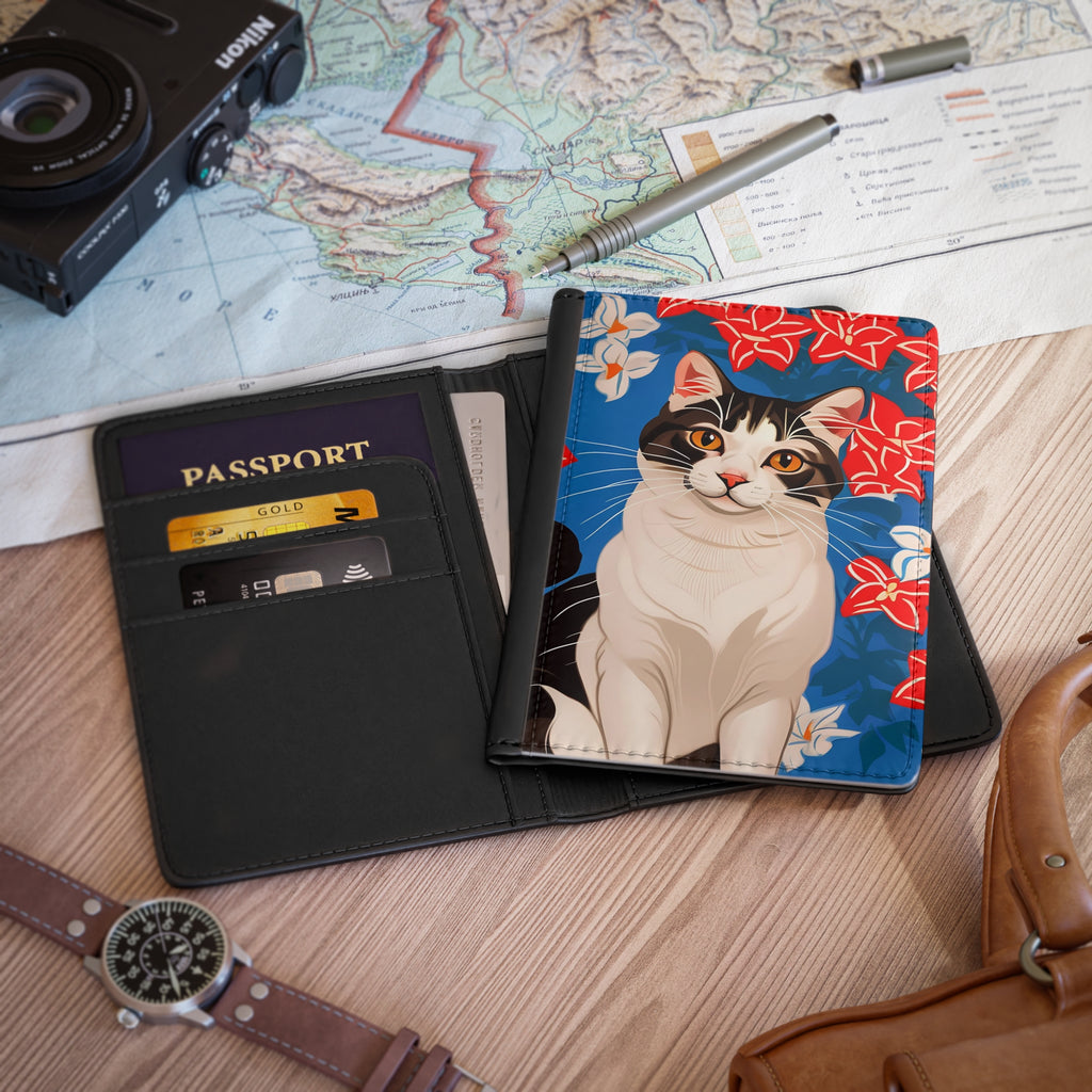 Cat with Red and White Flowers Passport Cover