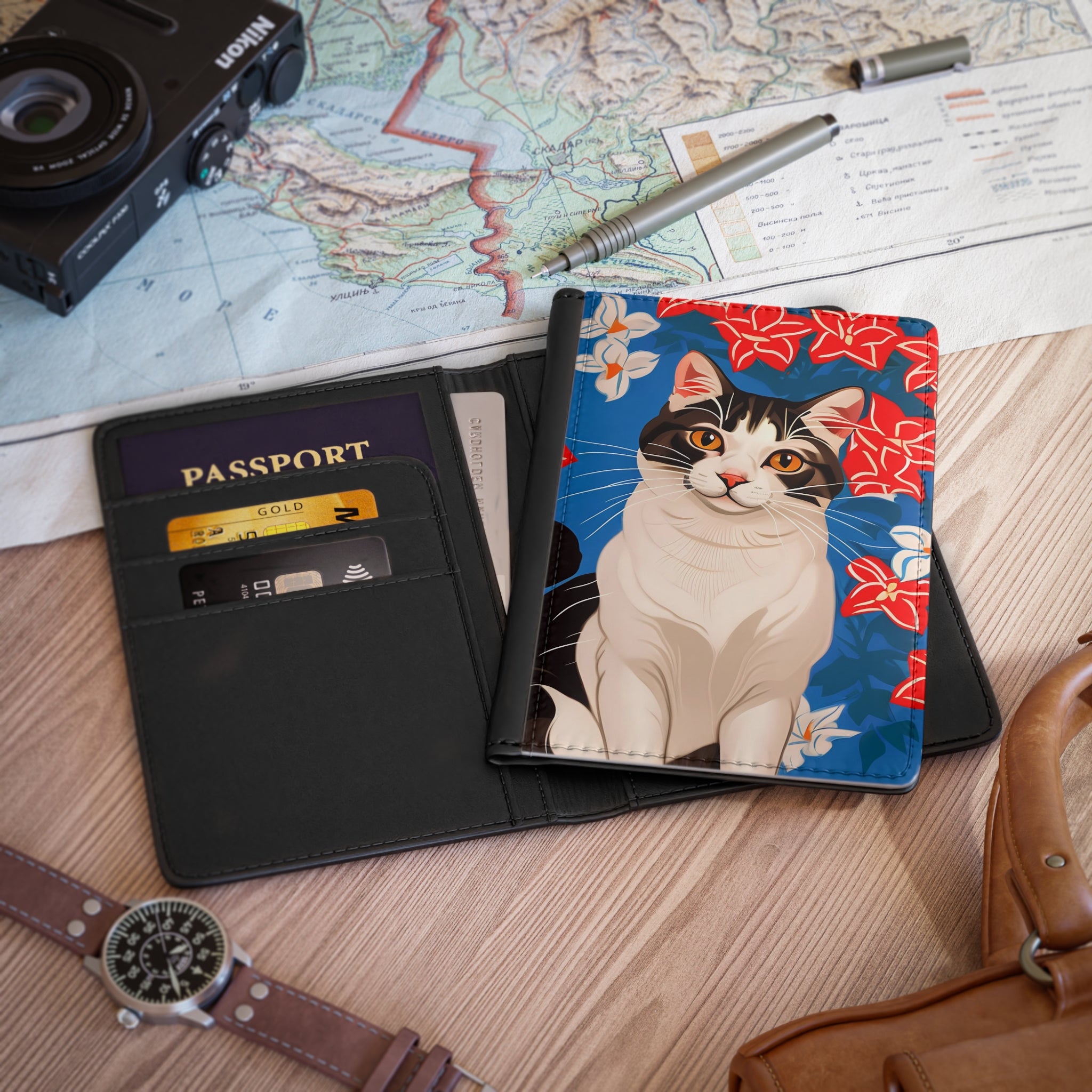 Cat with Red and White Flowers Passport Cover