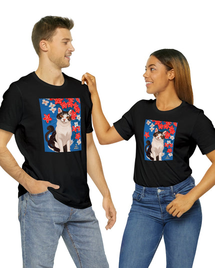 Cat with Red and White Flowers, Soft 100% Jersey Cotton T-Shirt, Unisex, Short Sleeve, Retail Fit